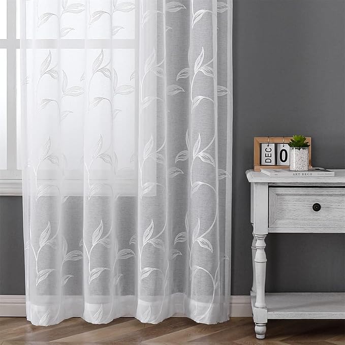 VISIONTEX Sheer Curtains 54 inch Length 2 Panels Set, Rod Pocket Embroidered - Image 5