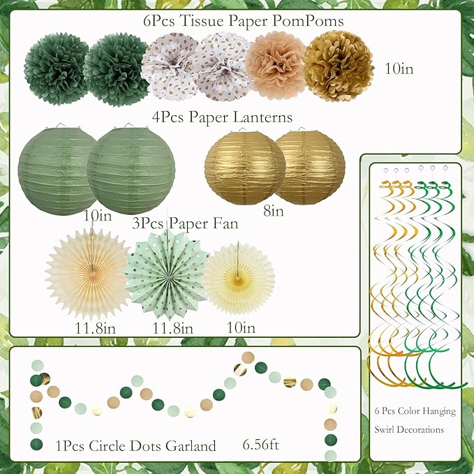 23PCS Sage Green Party Decoration, Pom Poms Flowers, Hanging Party Garland - Image 9