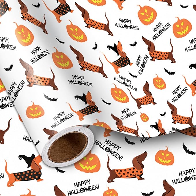 LeZakaa Halloween Dachshund Wrapping Paper Roll, Cute Dachshund Dogs by LeZakaa