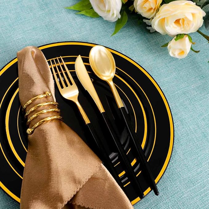 Rubtlamp 96 Pcs Gold Disposable Silverware, Plastic Cutlery, 32Knives - Image 4