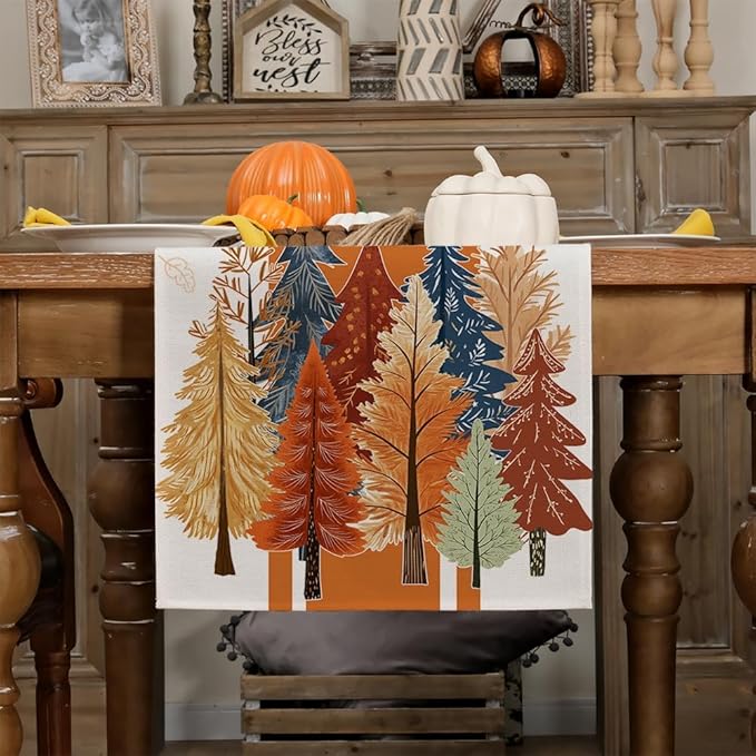 GEEORY Fall Watercolor Trees & Maple Leaves Striped Table Runner 13x90 Inch - Image 3