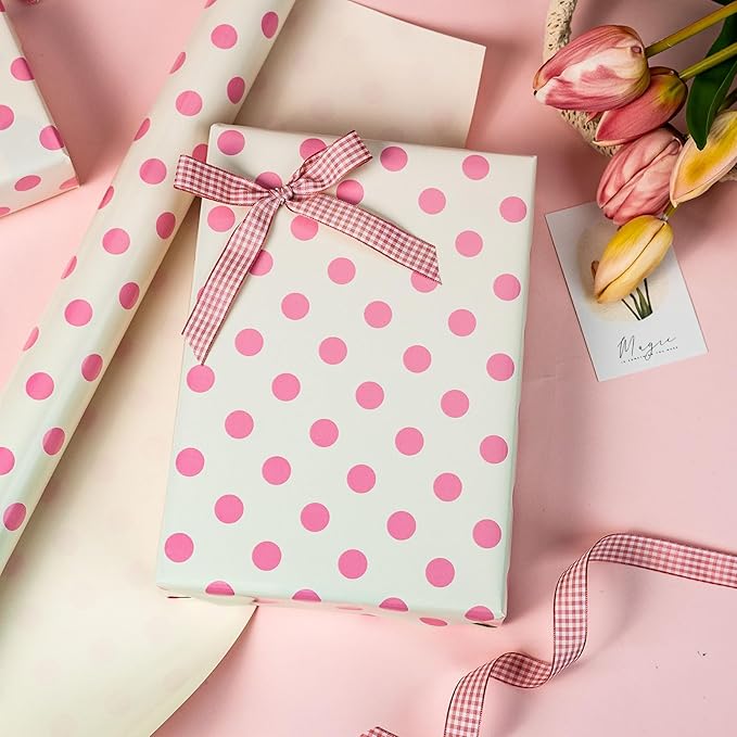 Burymento Pink and Beige Dots Wrapping Paper, Reversible Pink Gift Wrap - Image 4