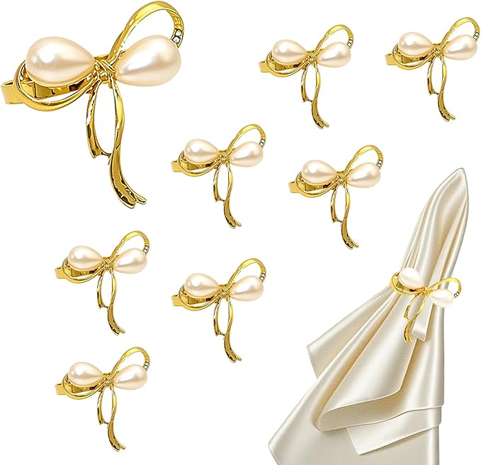 Gold Napkin Rings Set of 8 Pearl Bow Napkin Rings by DavifinaNapkinRings