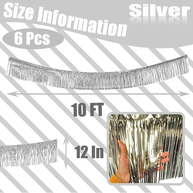 6 Pack 10 Feet Silver Foil Fringe Garland Metallic Tinsel Streamers Banner Wall - Image 2