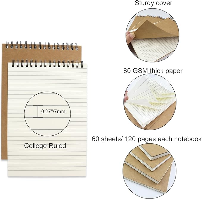 4 Pcs Top Bound Spiral Notebook, 8.3 inch x 5.8 inch, 60 Sheet, 7mm College - Image 3