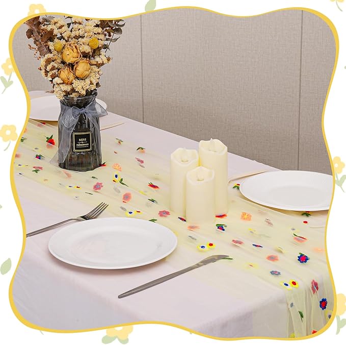 BINBE 12pcs Daisy Fall Table Runner Embroidery Gauze 10FT Florals Seasonal - Image 3