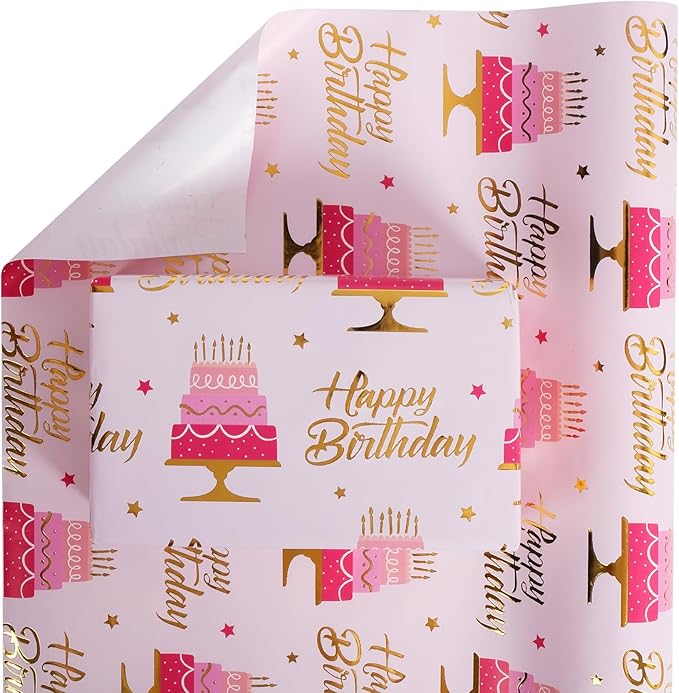Aimyoo Pink Birthday Wrapping Paper Roll - Image 2