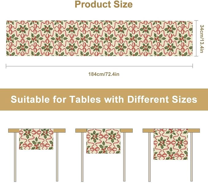 Christmas Table Runner, Xmas Holiday Bowknot Decor Table Cloth Kitchen Dining - Image 7