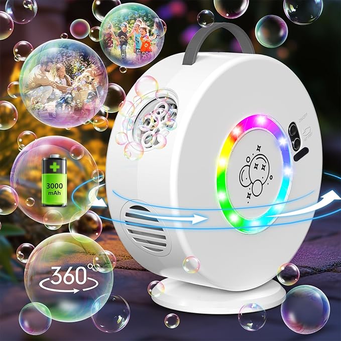 Bubble Machine for Kids Toddlers, 90° 360° Auto Rotatable Portable Bubble Maker by Yevohadt