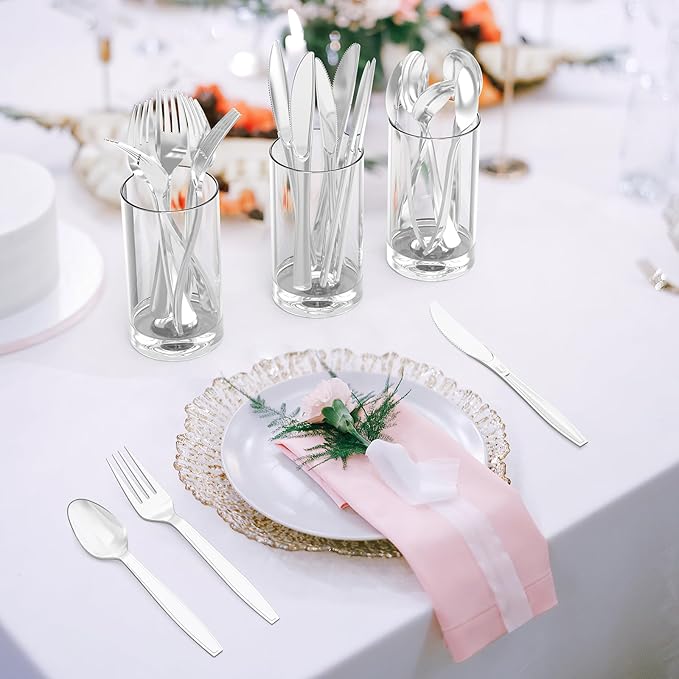 300 Count Extra Heavy Duty Silver Plastic Silverware, 100 Forks, 100 Spoons - Image 4