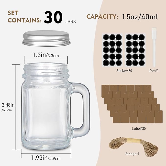 30 Pack Small Mason Jars, 1.5 oz Mini Mason Jar Glasses - Image 2