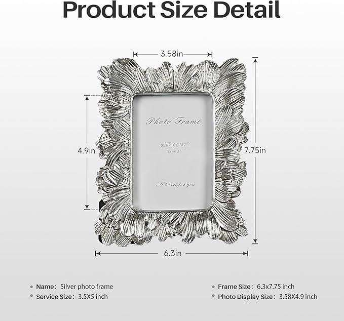 Silver 3x5 Picture Frame, Vintage Silver Palm Leaves Textured Hand-Crafted Resin - Image 5