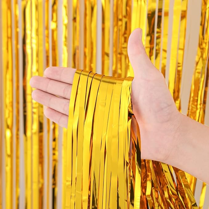 2 Pack Gold Tinsel Foil Fringe Curtains, Metallic Tinsel Party Streamers - Image 2