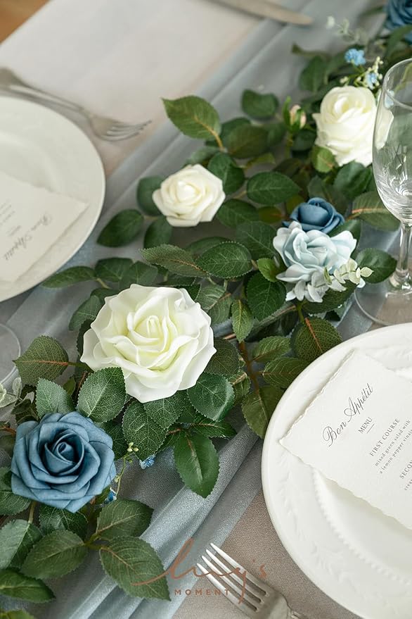 Ling's moment 5FT Dusty Blue Artificial Flower Garland Rose Leaves Floral - Image 3