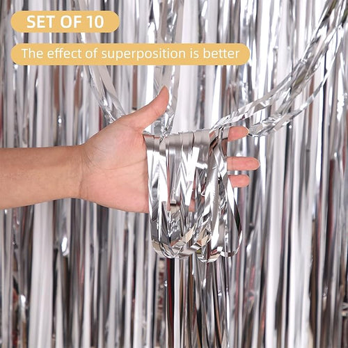 10 Pack Silver Backdrop Curtain 3.2ft x 8.2ft Metallic Tinsel Foil Fringe - Image 2