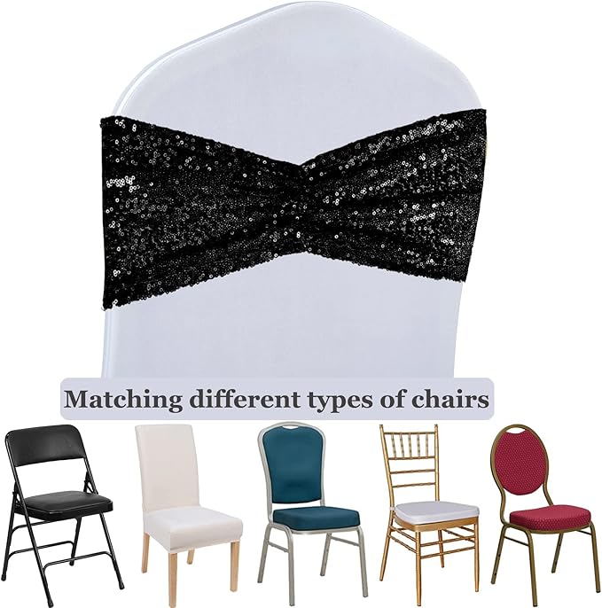 SquarePie Pack of 100 Chair Sashes Sparkly Black Sequin Bands - Image 4