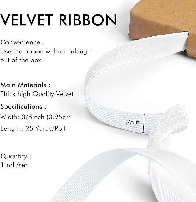 White Velvet Ribbon 3/8'' 25 Yards - Image 2
