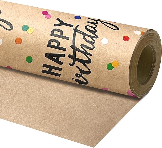 LeZakaa Birthday Kraft Wrapping Paper Roll, Happy Birthday Lettering & Colored by LeZakaa