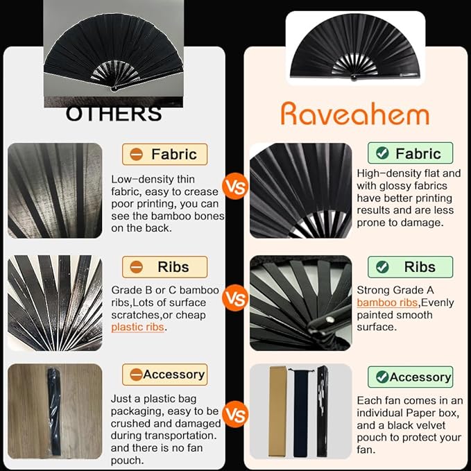 13" Large Rave Fan Bamboo, Folding Clack Hand Fans Foldable - Image 5