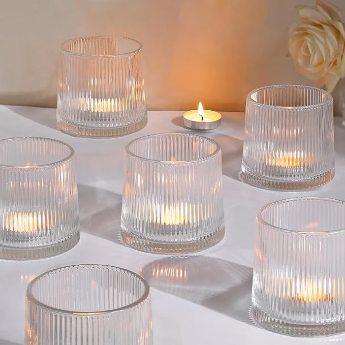 DARJEN Clear Ribbed Tealight Votive Candle Holders- 6Pack Glass Candle Holders by DARJEN
