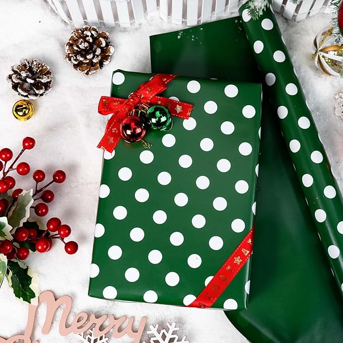 Burymento Green and White Dots Wrapping Paper, Reversible Pink Gift Wrap - Image 2