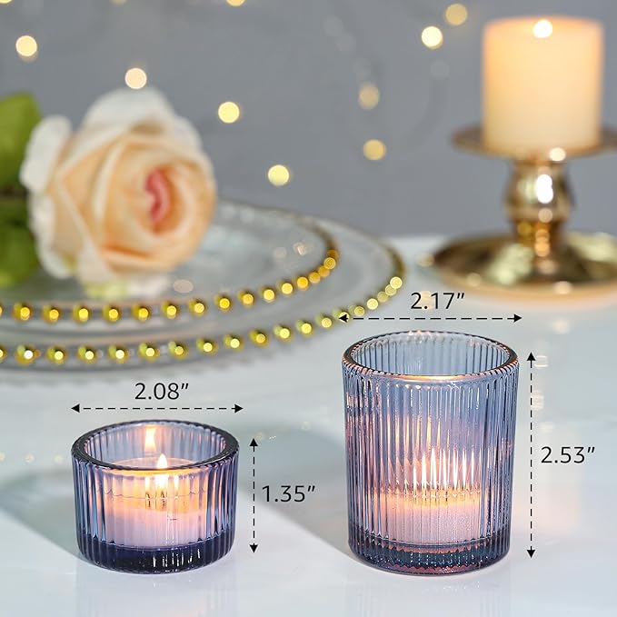 24 Pcs Ribbed Votive Candle Holders, Dark Blue Glass Holders Bulk - Image 2
