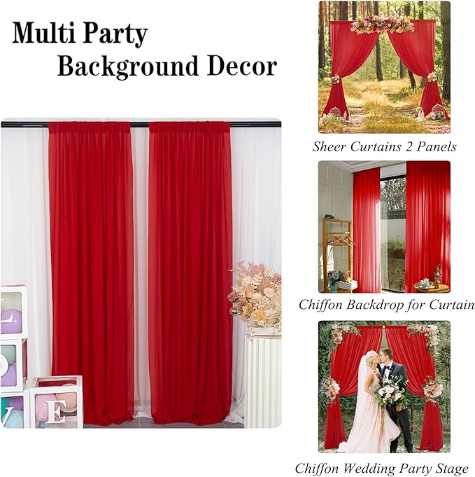 DUOBAO Chiffon Backdrop Curtain-2 Panels 29x108-Inch Red Wedding Fabric Drapes - Image 4