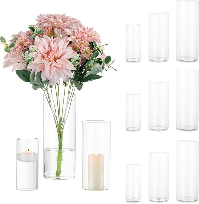 Glasseam Cylinder Vases Set of 12, Hurricane Candle Holder Clear Assorted Sizes by Glasseam