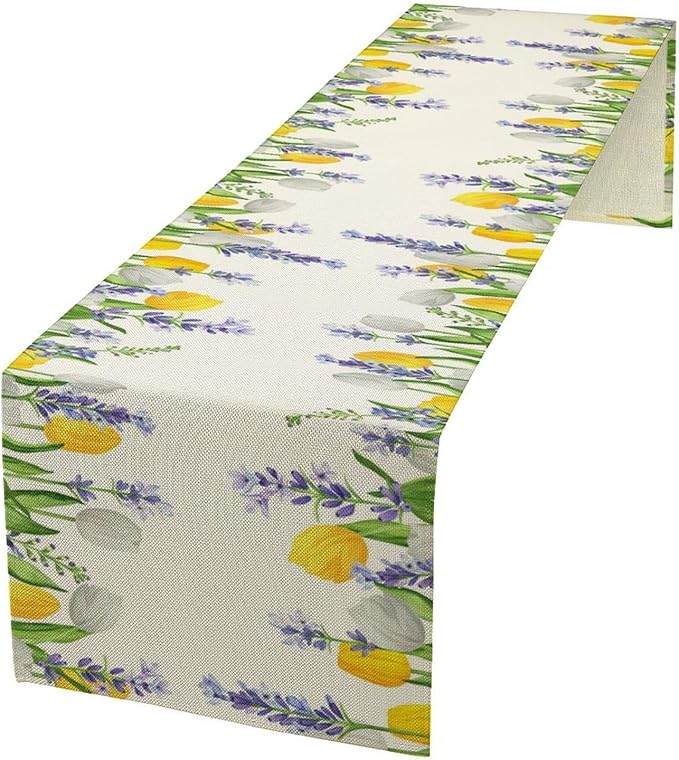 Floral Tulip Lavender Table Runner, Spring Watercolor Flower Plants Nature - Image 2