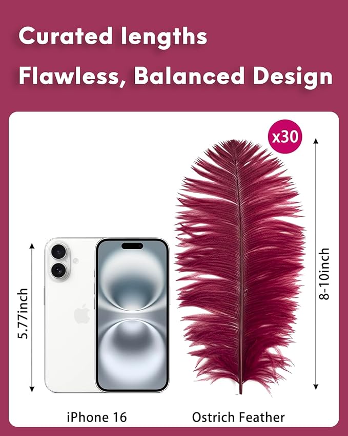 NEWONG 30pcs Wine red Ostrich Feathers Natural Bulk 8-10in（20-25cm） Vase Craft - Image 2