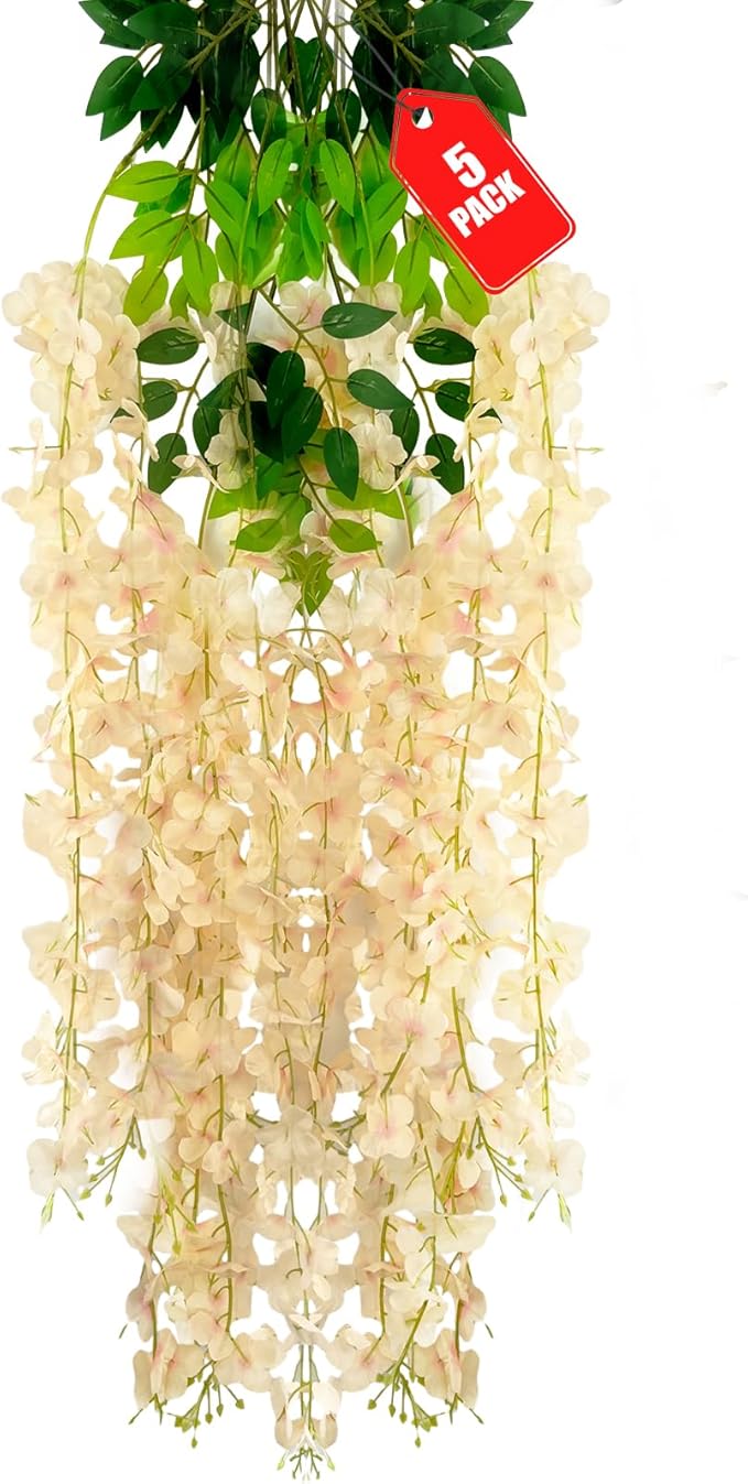 5 Pack Champagne Wisteria Hanging Flowers, 3.44 Ft Fake Hanging Flowers by ZEBMOON