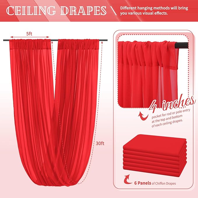 6 Panels Red Ceiling Drapes for Wedding 5ftx30ft Chiffon Fabric Arch Draping - Image 2
