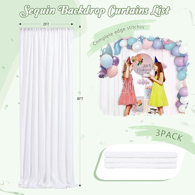 Sparkly Backdrop White Photo Backdground Curtain 3 Pack 2x8ft Sequin Fabric - Image 5