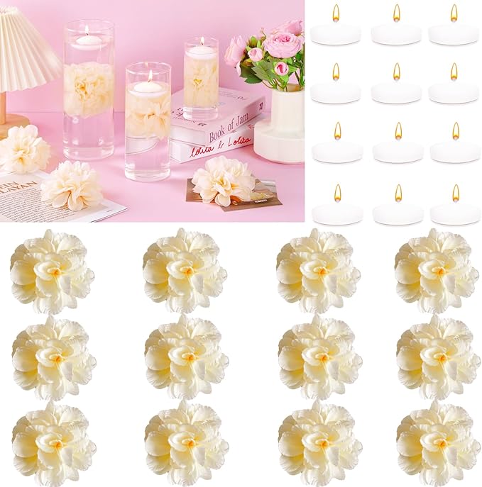 24 Pcs Floating Candles for Centerpieces and Floating Flowers for Centerpieces by Unknown