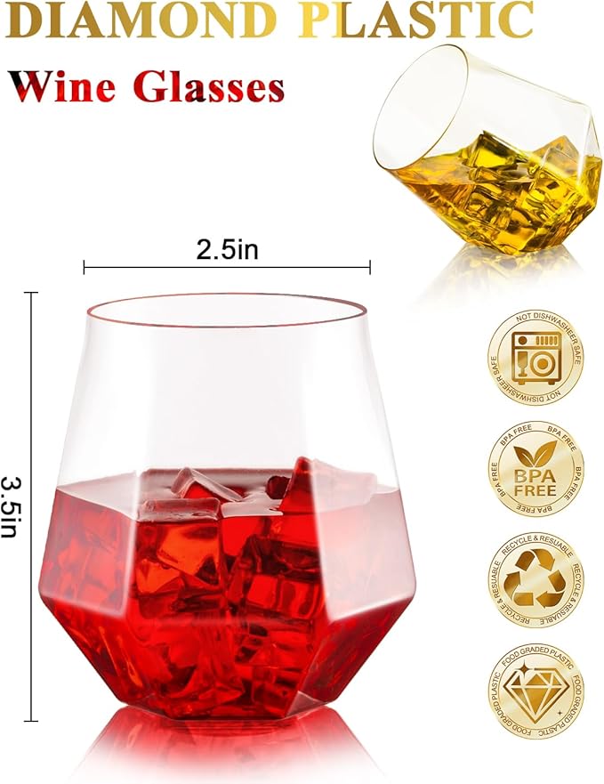 40 PCS Clear 12 Oz Plastic Wine Whiskey Glasses, Diamond Stemless Unbreakable - Image 2