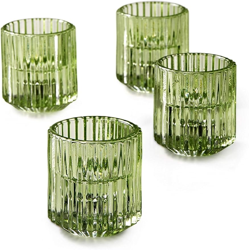 Serene Spaces Living Set of 4 Green Ribbed Glass Votive Holders, Measures 2.25" by SereneSpacesLiving
