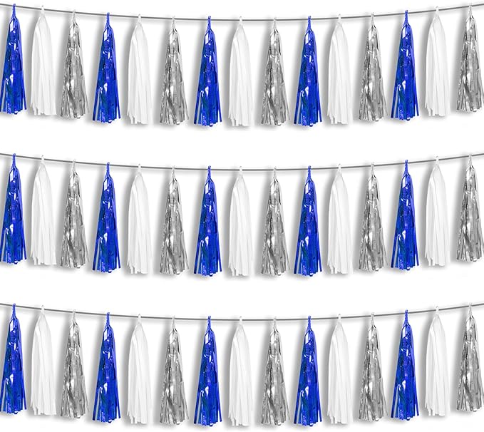 3P Navy-Blue White-Silver Tassel Garland Banner, Tassels Banner Streamers by HYSILLA