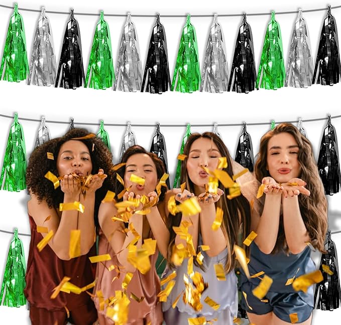 3P Black Silver Green Metallic Fringe Tassel Banner Garland Foil Tinsel - Image 6