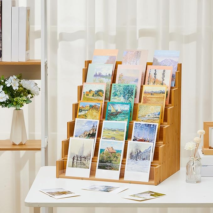 6 Tier Greeting Card Display Stand Wood Color Bamboo and Acrylic Sticker - Image 4