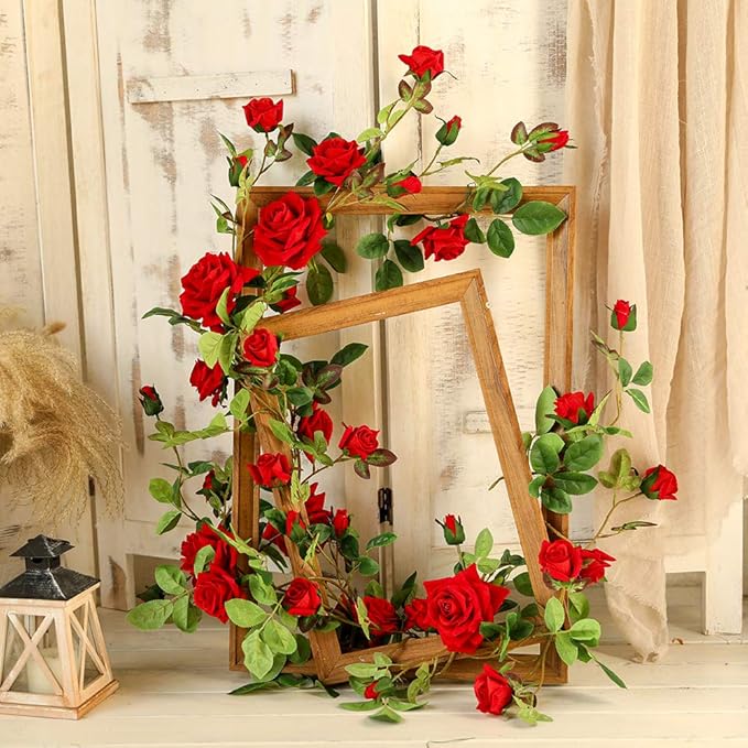 Veryhome Rose Vine Artificial Flower Garland Fake Hanging Rose Ivy Plants 6ft - Image 3