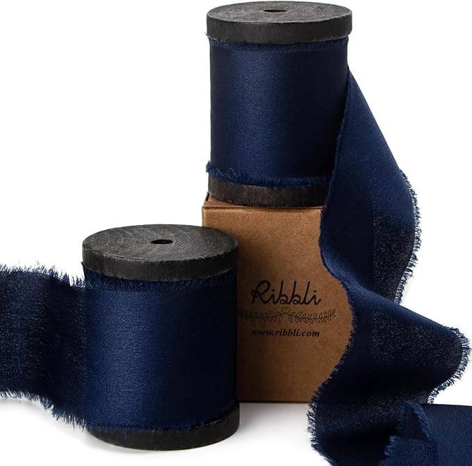 Ribbli Navy Blue Silk Satin Ribbon 1.5 Inch x 12 Yard Handmade Frayed Chiffon by Ribbli
