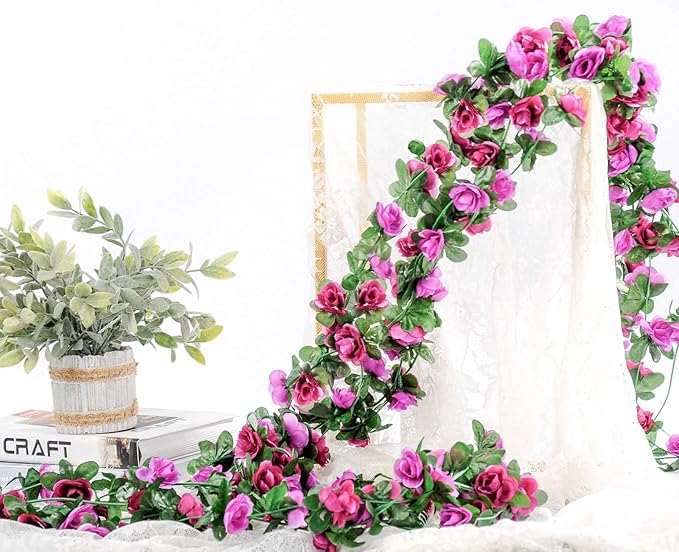 Miracliy 9Pcs 74FT Purple Flower Garland Artificial Rose Arch Vines Fake Spring - Image 6