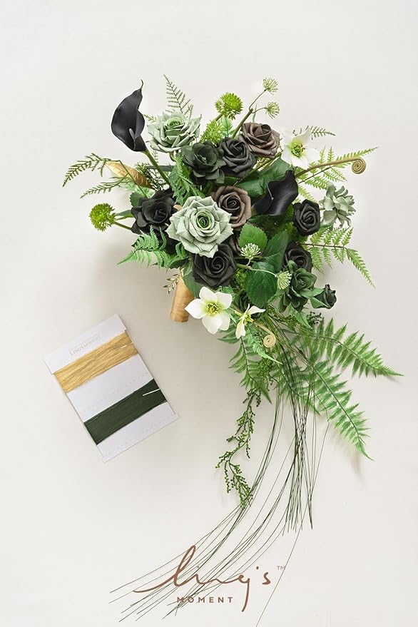 Ling's moment Forest Green Bridal Bouquet Cascading, Emerald Green Wedding - Image 7