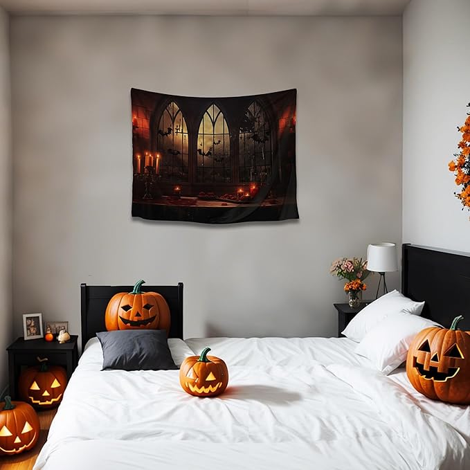QGHOT Halloween Tapestry Wall Hanging Horror Castle Window Tapestry Gothic - Image 2