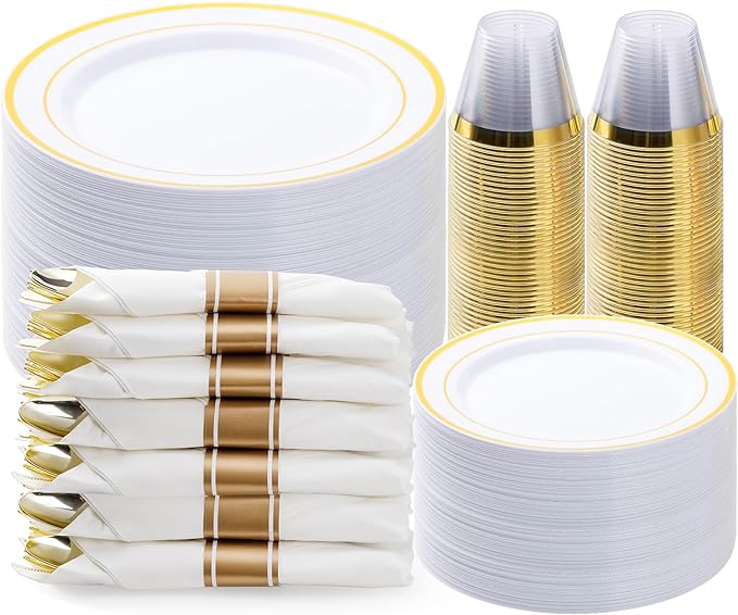 BESTVIP 350PCS Gold Plastic Dinnerware Set, Disposable Party Plates by Bestvip
