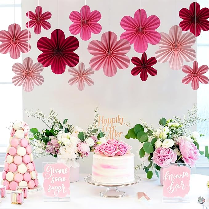 BestoFun 12 PCS Paper Flowers Fans Hot Pink Party Decorations Paper Flowers - Image 4