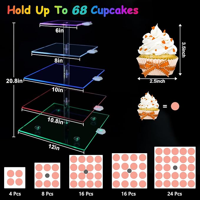 Cupcake Stand with Rechargeable Led, 5 Tier Clear Cupcake Holder, 7 Colors - Image 3