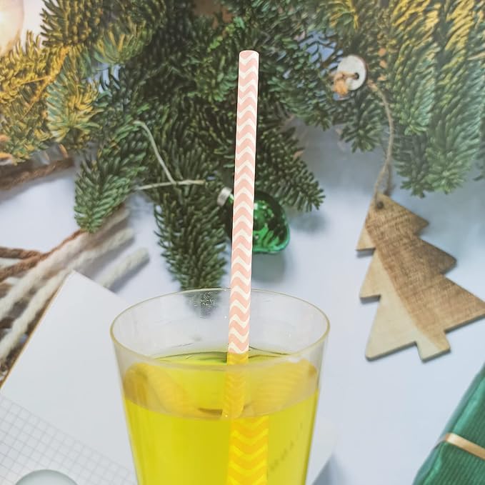 YAOSHENG Premium Disposable Waves Striped Drinking Paper Straws, Pack 100 Pink - Image 3