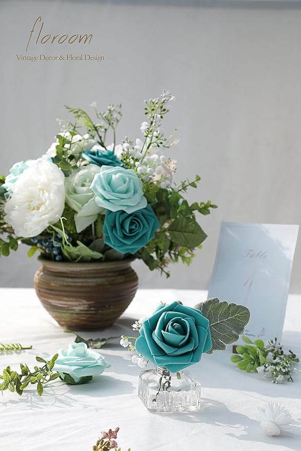 Floroom Artificial Flowers 25pcs Real Looking Teal Green Foam Fake Roses - Image 5