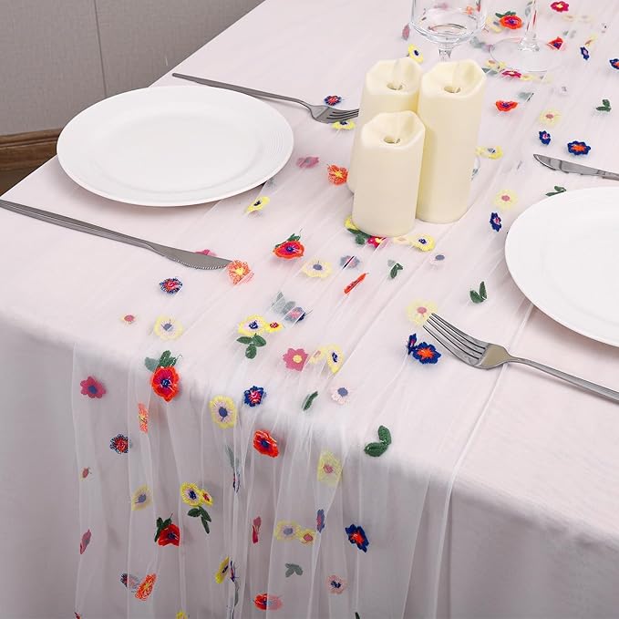 Lvory Floral Table Runner 10 FT, Embroidery Daisy Table Runners Seasonal Sheer by Hugestar